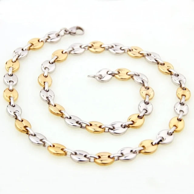 Chaîne Collier Graine De Café Doré Acier Inoxydable - 55 Cm - Neuf Sans Emballage