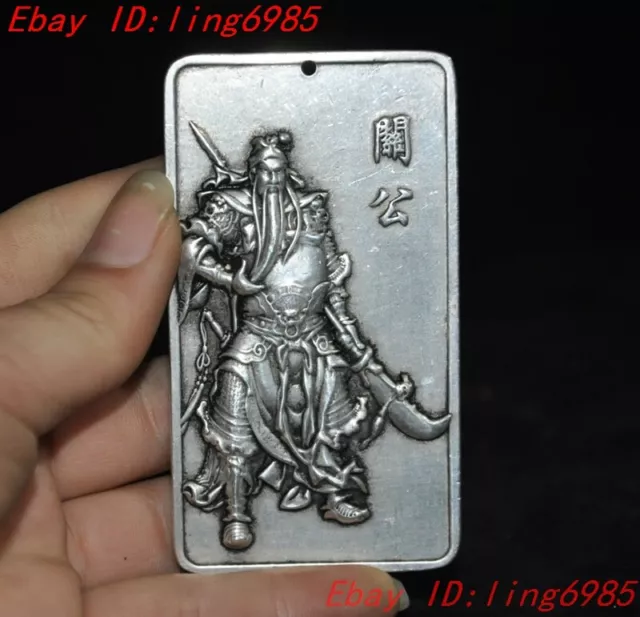 3.4" China Ancient Tibetan silver Ancient hero Guan Yu statue amulet pendant