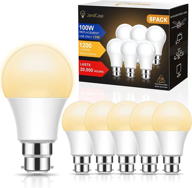 JandCase B22 LED Glühbirnen 100 W gleichwertig, warmweiß, 6er-Pack