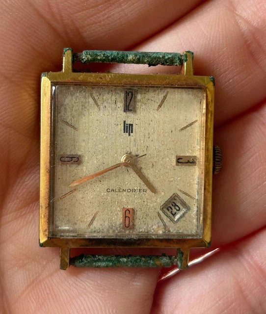 Montre Bracelet LIP Calendrier - Plaqué Or 20 Microns, Cadran Blanc, Occasion Avec Micro-rayures