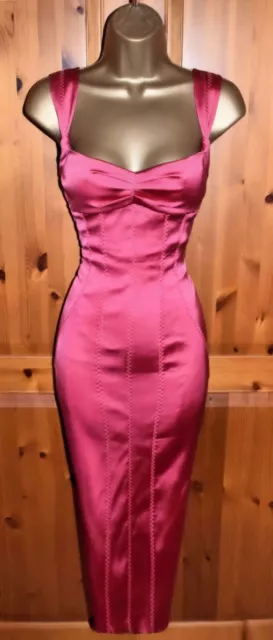 KAREN MILLEN STUNNING Pink Red Satin Cocktail Wiggle Dress Uk 10