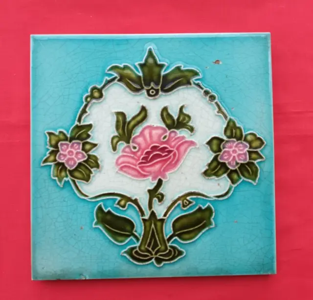 2 Piece Old Art Flower Design Embossed Majolica Ceramic Tiles Japan 0250 3