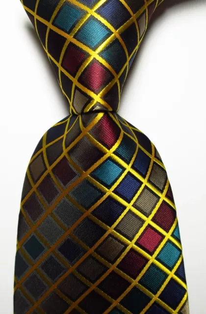 New Classic Checks Gold Red Blue Brown JACQUARD WOVEN Silk Men's Tie Necktie