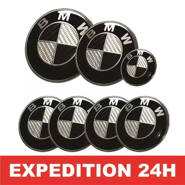 KIT 7 LOGO Embleme BMW Noir Gris Capot 82mm+ Coffre74 +Volant 45mm+ 4 moyeu 68mm