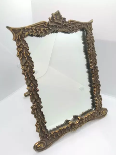 VINTAGE Brass/Bronze Victorian Ornate Table Beveled 10x7.45" Mirror Desk glass
