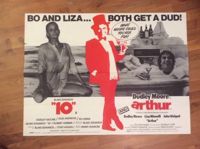 "10" & "Arthur"  Original 1981 Cinema Quad Double Bill Movie Poster