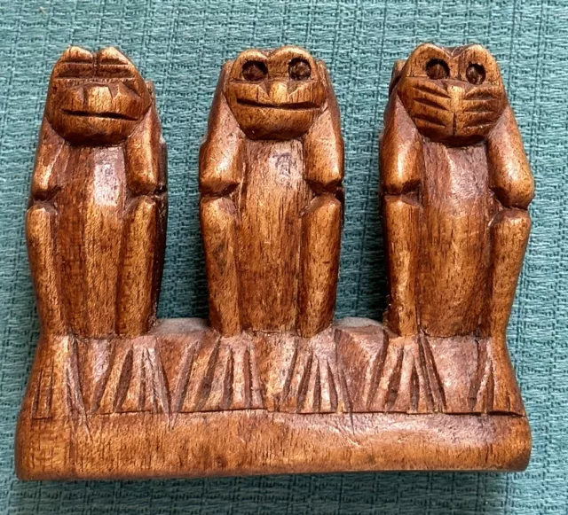 Wood carved Wisdom Monkeys See No Evil - Hear No Evil - Speak No Evil  4”x 3”