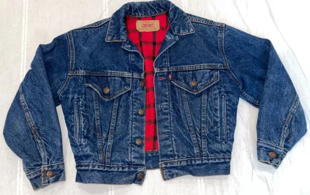 VTG Levis Cropped Denim Trucker Jacket Plaid Flannel Lined USA Made Women Medium