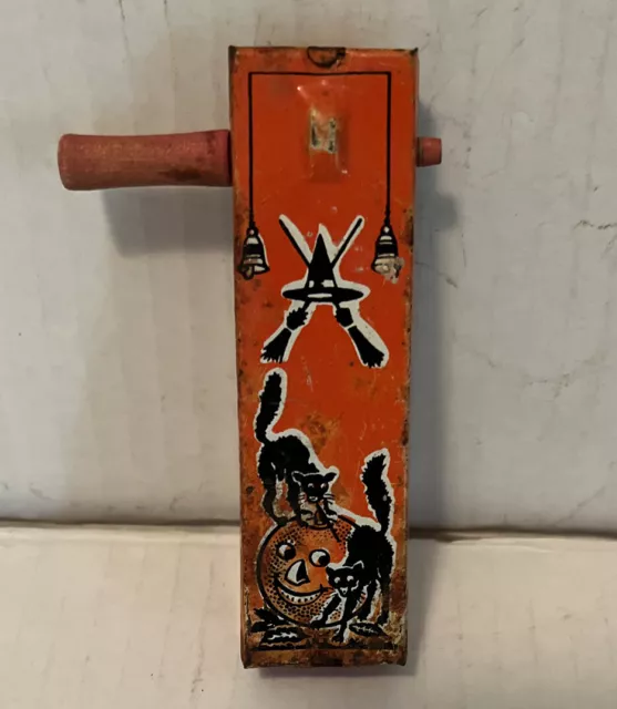 Vintage Halloween Noisemaker Toy Kirchhof Life of the Party Tin Black Cats Witch