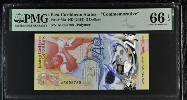 East Caribbean 2 Dollars ND 2023 P 60 a Comm. Gem UNC PMG 66 EPQ