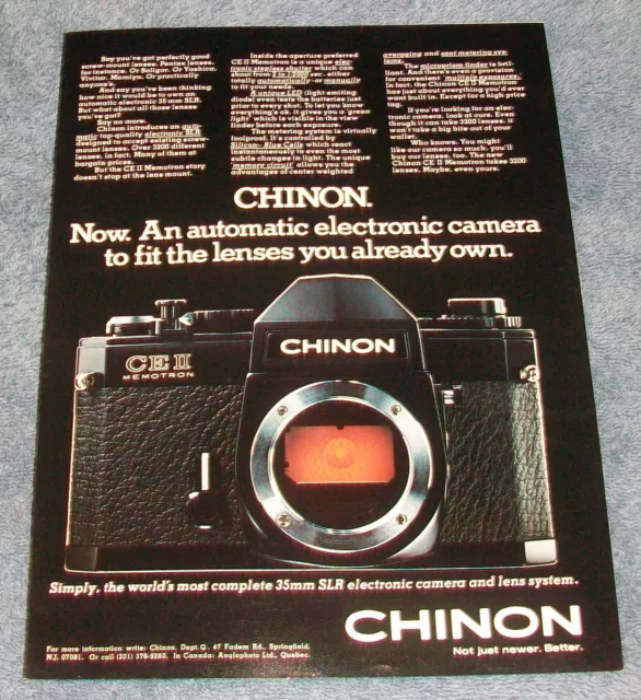 1977 Chinon CE II Memotron 35mm Vintage Camera Ad "Now. An Automatic Electric "