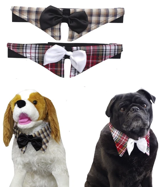 Dog Bow Tie  Fabric Collar Check Red Brown  XS S M L XL - Neck Tie Puppy Clothes