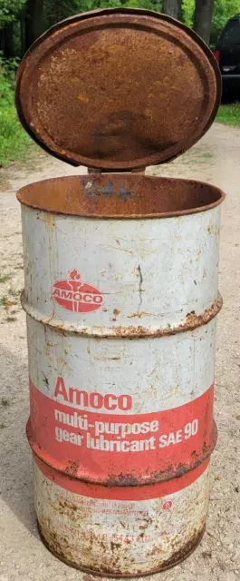 Vintage Amoco Oil Drum Barrel Garbage Can Gas Oil Advertising Automotive w/ Lid