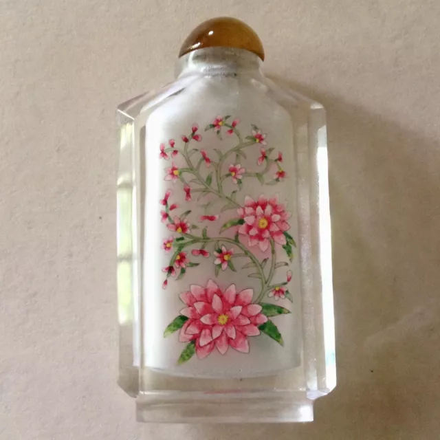 ~Inside Reverse Painted Glass Crystal Chinese Snuff Bottle ~ Floral Design