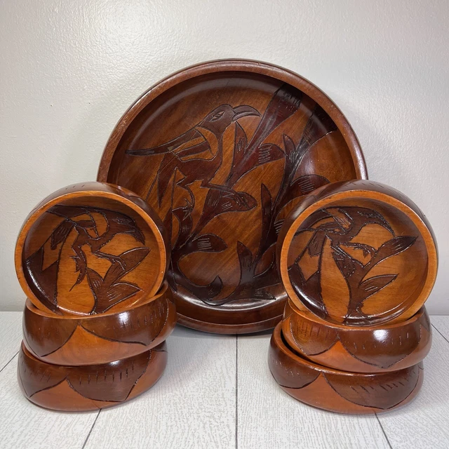 Vtg Hand Carved Lacquered Wooden Salad Bowl W/ 6 Serving Bowls Birds Plants