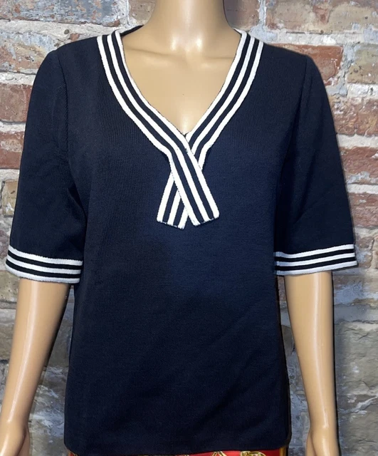 St. John Black & White Stripe Santana Knit Nautical Short Sleeve Top Sz M St. John Black & White Stripe Santana Knit Nautical Short Sleeve Top Sz M