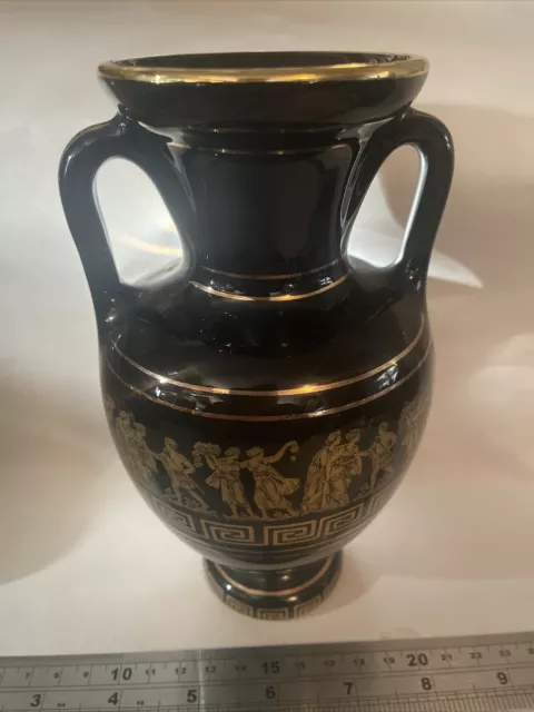 Handmade Vintage Greek Black And Gold Urn Style Twin Handle Pottery Vase