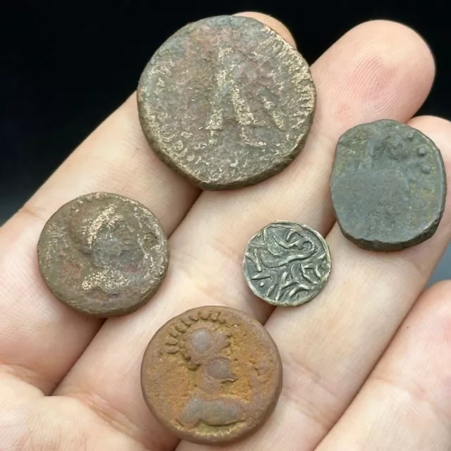 Very Scarce Mix Ancient Very Unique Lot Of 5 Bronze Coins From Different Eras