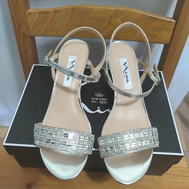 Nina Women's Noga High Heels Open Toe Rhinestone Silver Metallic Foil Size 6M