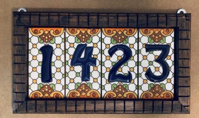 House Address Number Tiles, Mounted on Wood, Ceramic Tiles 6X3"  with hanger