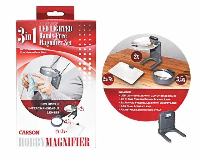 BRAND NEW SEALED Carson 3-in-1 Magnifier Hobby LED 3x 3.5x 2x Coins HM-30 Loupe