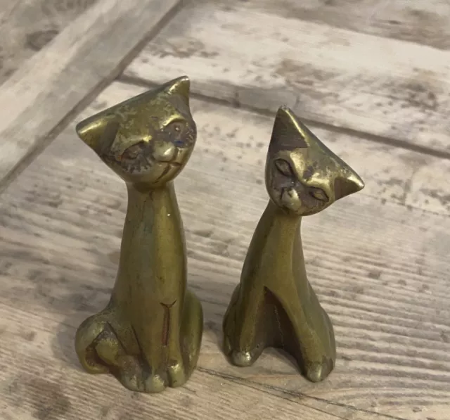 Pair of Vintage Solid  Brass Siamese Cat Figurines Mid Century 1960s