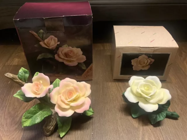 2 Lot Home Trends Pink Roses Porcelain Figurine Original Box Excellent Condition