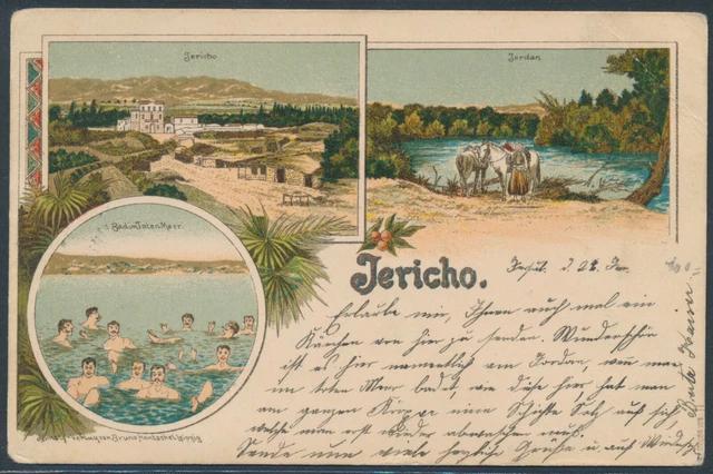 DP Türkei Reichspost EF Litho-AK Jericho 1905 nach Stuttgart geprüft (S21905)