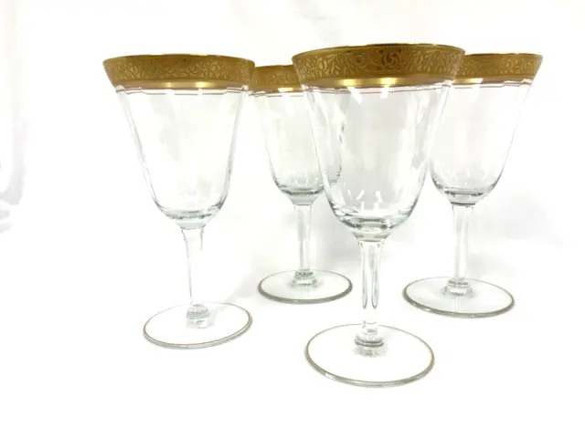 4 Tiffin Franciscan Minton Wine /Water 6.5” Gold Band w Roses Optic Stem Glasses