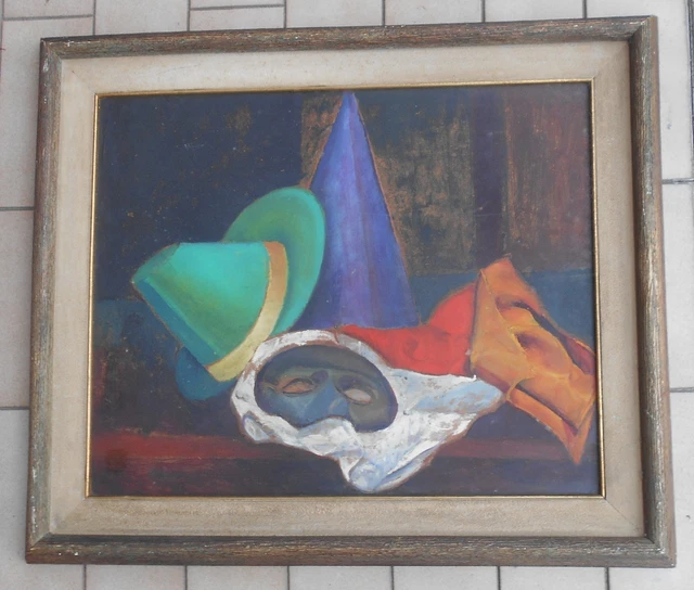 Quadro Dipinto Ad Olio Anonimo Xx Secolo Metafisico Maschere Pulcinella Vanitas