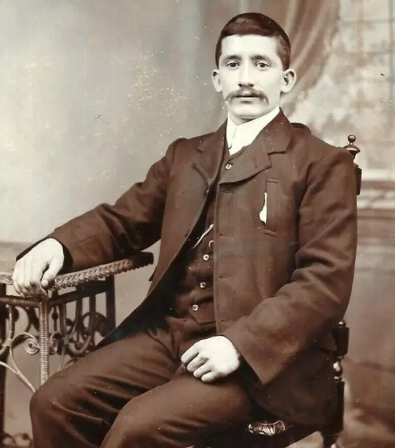 Cabinet Card Photo Handsome Man Moustache Fashion Suit Williams Studio UK 1900s