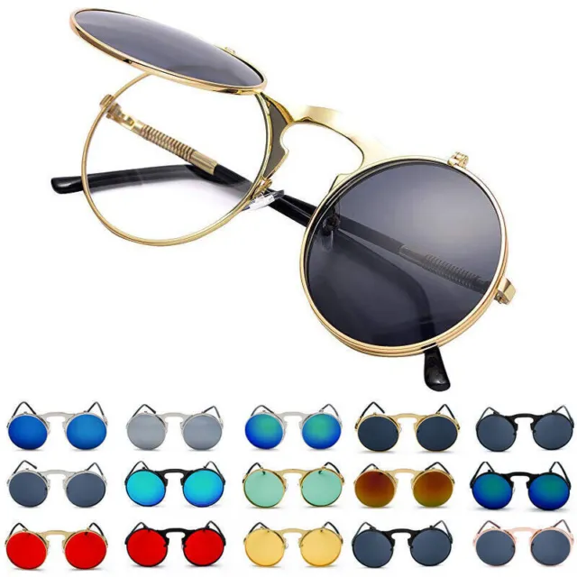 Retro Steampunk Sunglasses Brand Design Vintage Circle Flip-up Eyewear Men Women