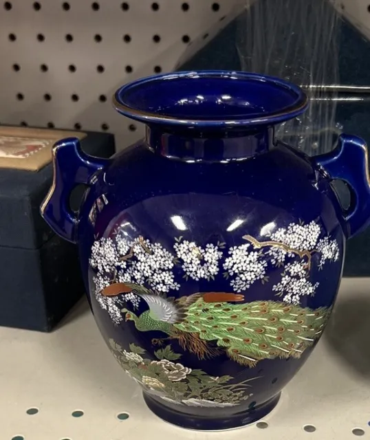 Vintage Golden Peacock Japanese double handle Vase colbalt blue floral