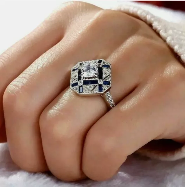 3Ct Lab Created Blue Sapphire Engagement Art Deco Ring 14k White Gold Plated