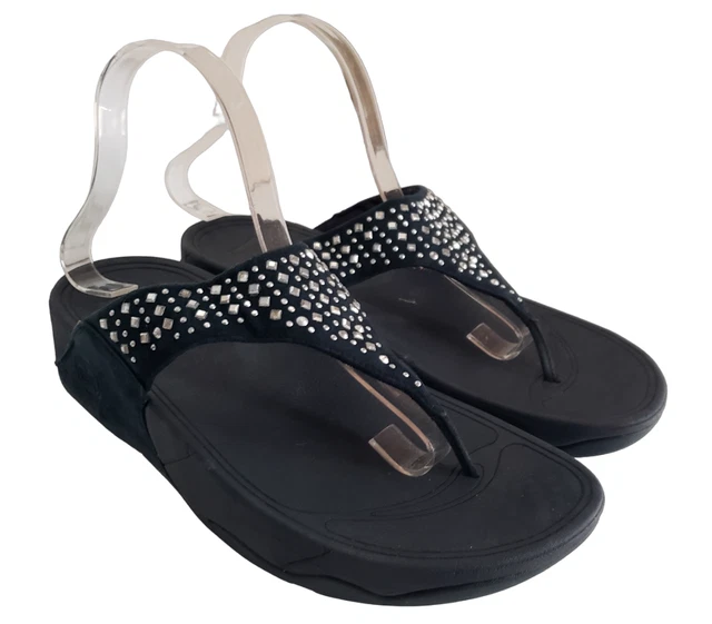 Fitflop Novy Black Rhinestone Shimmersuede Embellished Flip Flop Sandal Womens 9