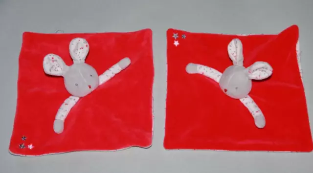 Doudou Obaibi Souris Lapin Plat Rouge Gris Blanc Etoile Lot De 2