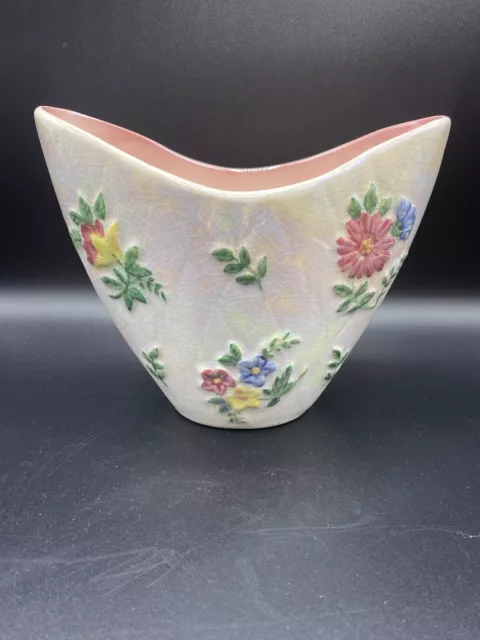 Vintage  1950's  Maling White & Pink Floral Lustre Ware Vase 5.5" x 7" Crazing