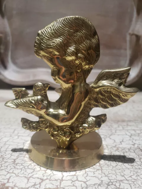 Beautiful Vintage Brass Cherub Angel With Bird Votive Candle Holder 5"