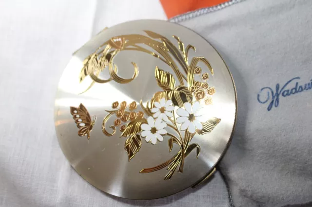 Vintage Wadsworth Gold silver tone enamel butterfly flower Powder Compact 3"