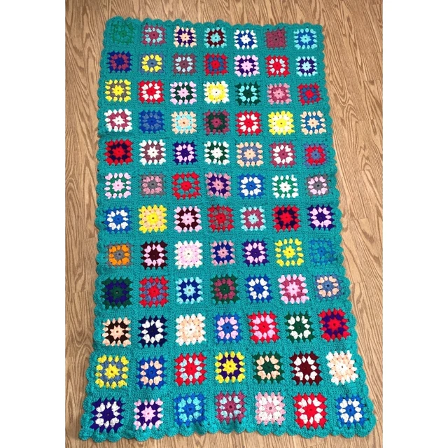 vintage crocheted teal green granny square throw blanket afghan handmade 39.5x70
