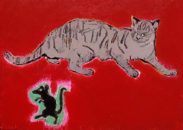 CAT & MOUSE Raw Folk Art Brut Painting Outsider T Marie Nolan Original Vision