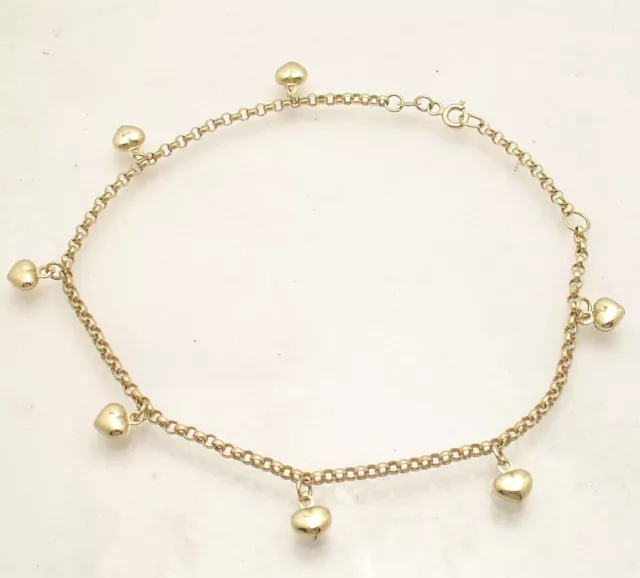 Adjustable Puffed Heart Rolo Chain Ankle Bracelet Anklet Real 10K Yellow Gold