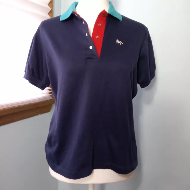 VTG 80s Women's NAVY Polo Shirt Top Chesterfield Blue Polo Golf Shirt Preppy M