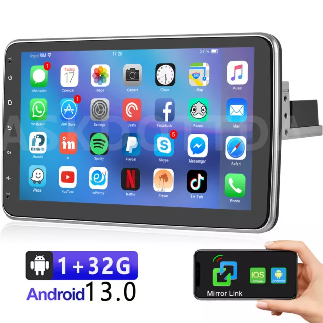 Single 1DIN 10.1" Android 13 Rotatable Touch Screen GPS Car Stereo Radio 1+32G