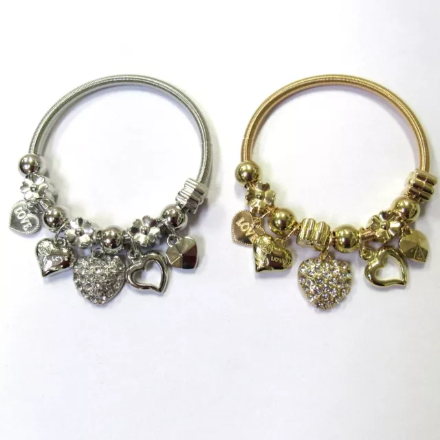 Wholesale Bulk Lot Party Favors 12 PC Gold & Silver Heart Charm Bangle Bracelets