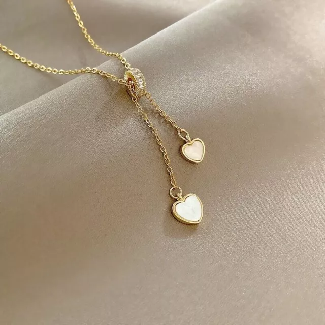 Woman 18K Gold Plated CZ Heart Charm Mother of Pearl Necklace Chain