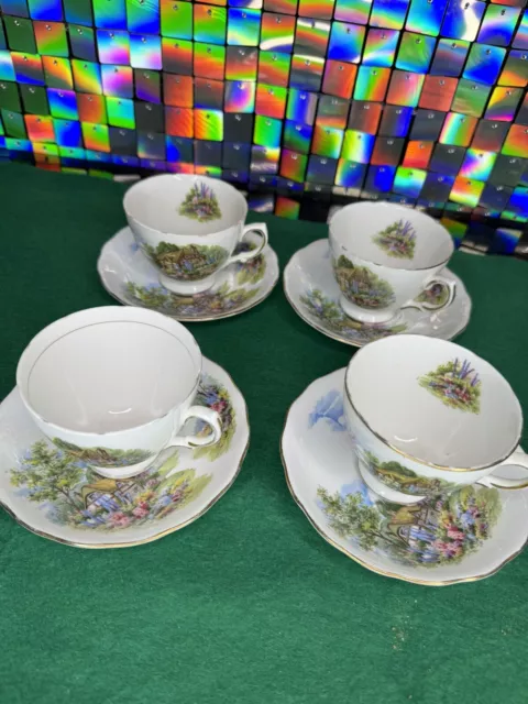 Vintage Royal Vale Country Cottage 7382 4 Bone China Cup, 4 Saucer Set Of 8