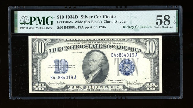 DBR 1934-D $10 Silver Wide Fr. 1705W PMG 58 EPQ Serial B45864019A