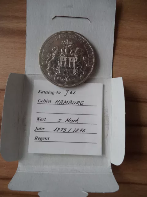 5 Mark Kaiserreich Hamburg "J" 1875 Silber-Münze Deutsches Reich + MDM Münzpass