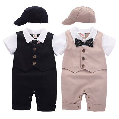 3-12M Newborn Baby Boys Cotton Gentleman Set Formal Party Jumpsuit Suit Vest Hat